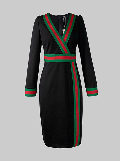 Long Sleeves Striped Deep V-Neck Mini Dresses