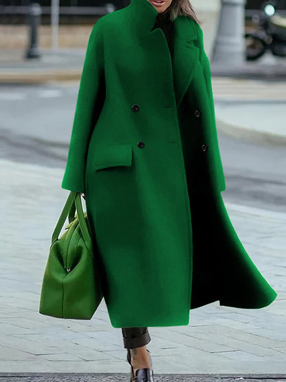 Split-Joint Solid Color Pockets Buttoned Loose Long Sleeves Stand Collar Woolen Coat