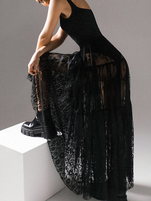 A-Line High Waisted Gauze Pleated See-Through Split-Joint Skirts