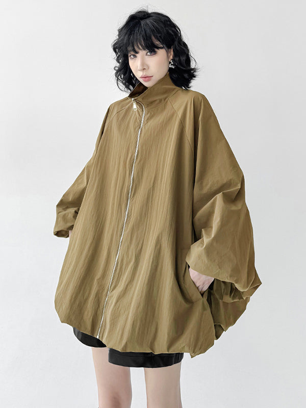 A-Line Long Sleeves Buttoned Solid Color Zipper Stand Collar Outerwear Windbreakers