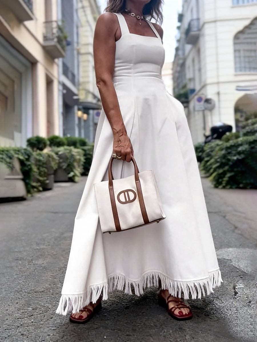 A-Line High Waisted Buttoned Pleated Pockets Solid Color Split-Side Tasseled Square-Neck Maxi Dresses