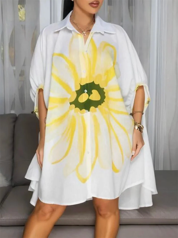 Half Sleeves Loose Buttoned Flower Print Lapel Mini Dresses Shirt Dress