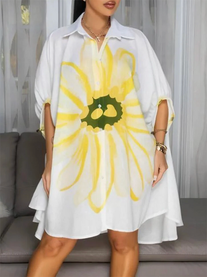 Half Sleeves Loose Buttoned Flower Print Lapel Mini Dresses Shirt Dress