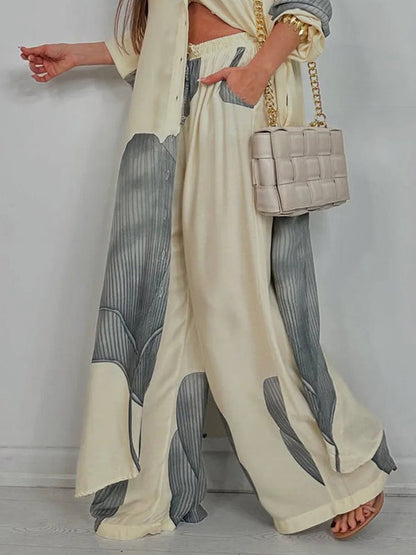 High Waisted Wide Leg Drawstring Elasticity Floral Printed Split-Joint Pants Trousers