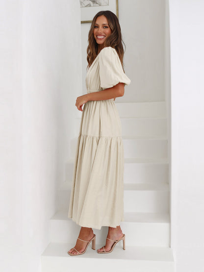 Noelle | Women's V-Neck Puff Sleeve Midi Dress with Smocked Waist