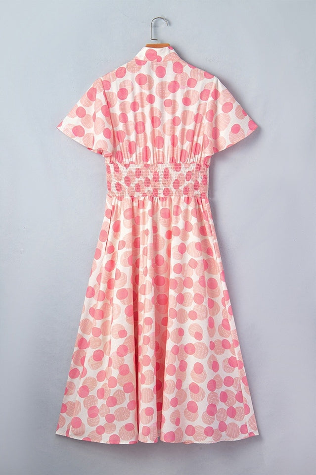 Pink Polka Dot Smocked Waist Midi Dress