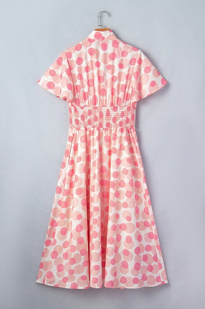 Pink Polka Dot Smocked Waist Midi Dress