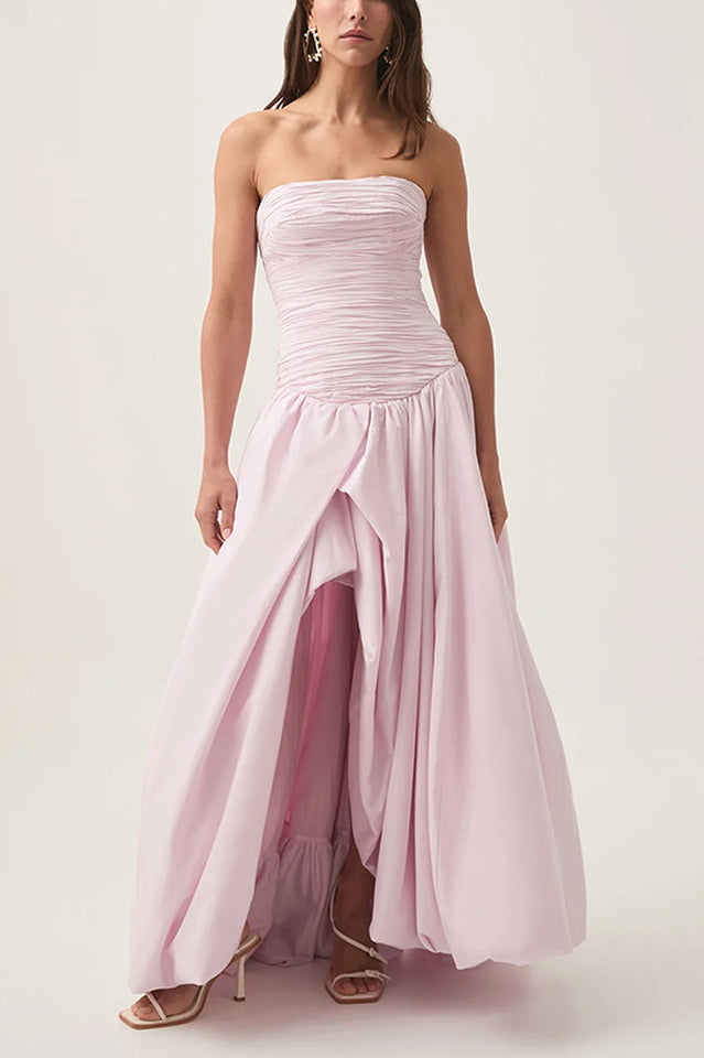 Strapless Ruched Puff Maxi Dress