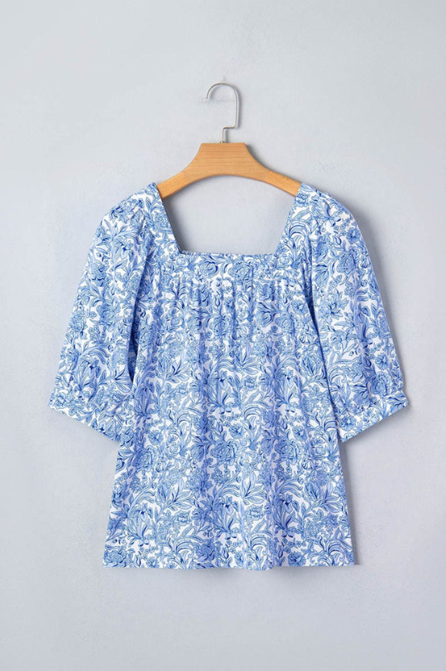 Floral Square Neck Puff Sleeve Blouse