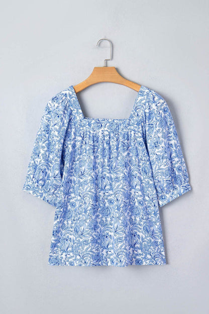 Floral Square Neck Puff Sleeve Blouse