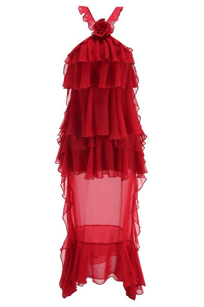 Bedelia Floral Halter Chiffon Ruffle Midi Dress