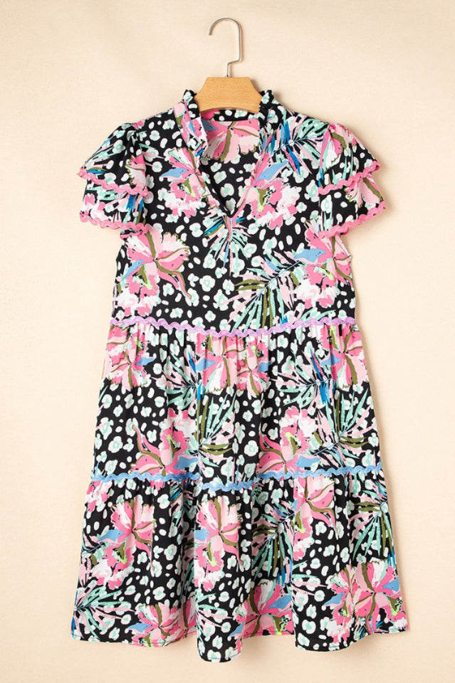 Leopard Floral Print Wavy Embellished Mini Dress