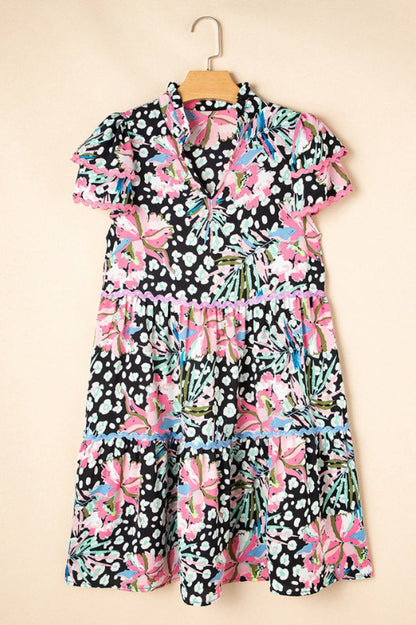Leopard Floral Print Wavy Embellished Mini Dress