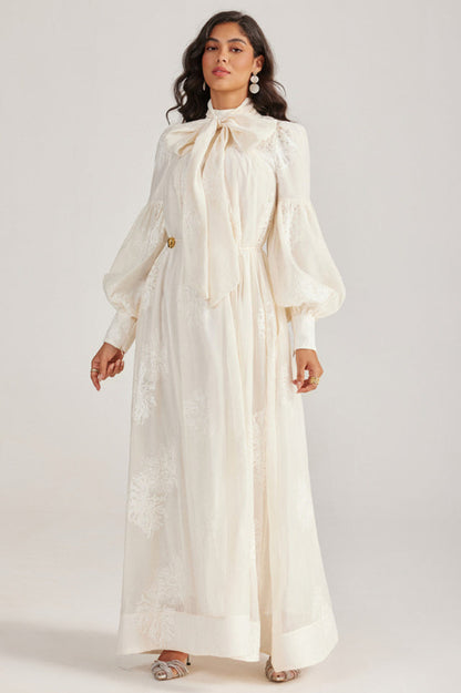 Embroidered Lace-Up Maxi Dress