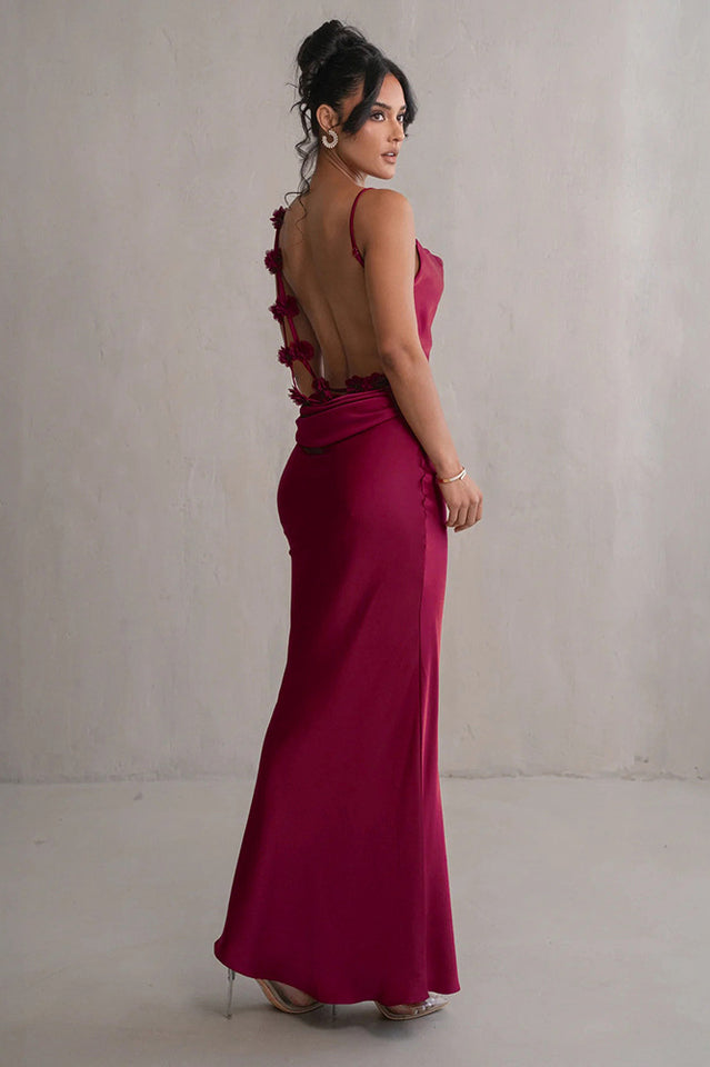 Ivory Floral Trims Satin Gown Red