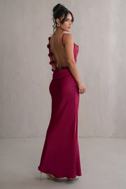 Ivory Floral Trims Satin Gown Red