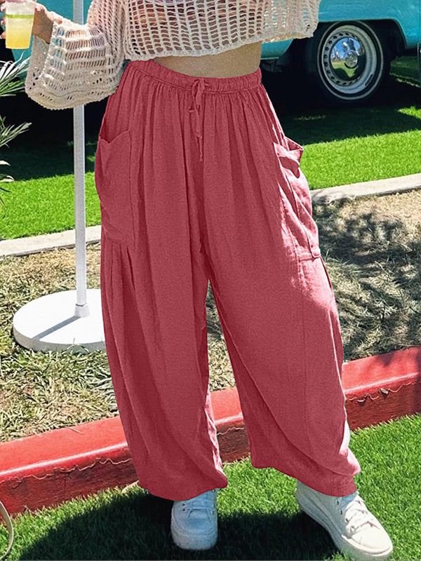 Pantalon taille haute ample avec cordon de serrage et poches plissées, couleur unie 