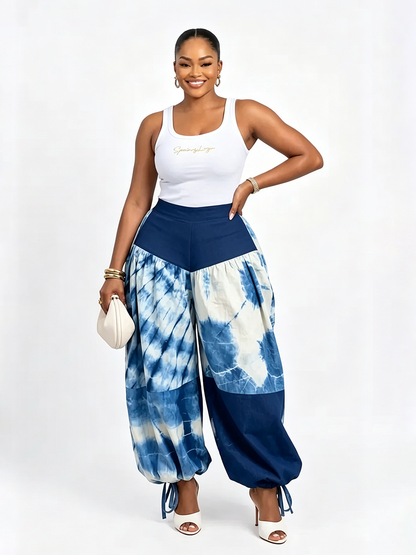 Split-Joint Printed Contrast Color High Waisted Trousers Ankle-Tied Pants