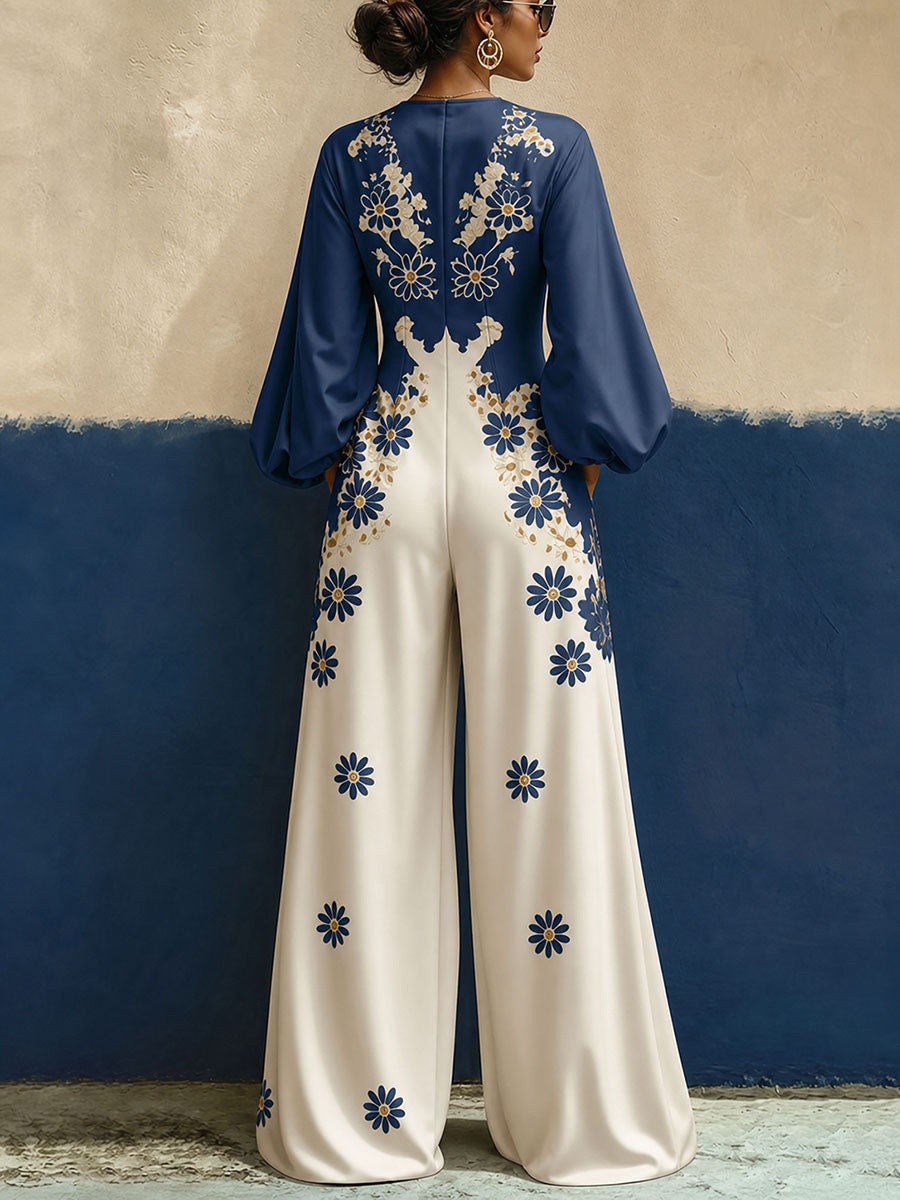 Pockets Flower Print Elasticity Contrast Color Wide Leg Long Sleeves V-neck Jumpsuits [Enhanced Image Details]