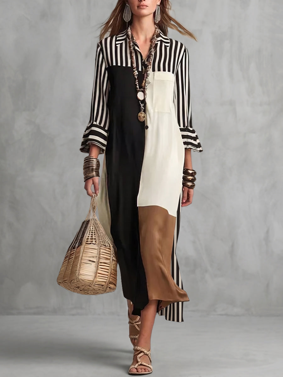 Striped Split-Joint Contrast Color Three-quarter Sleeves Ruffle Sleeves Lapel Midi Dresses