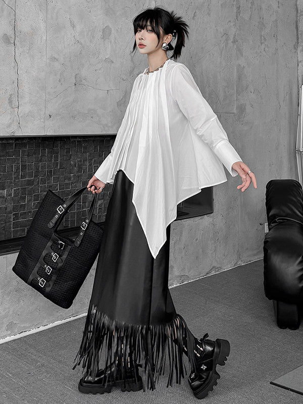 Hipster Irregularity Asymmetric Pleated Solid Color Round-Neck Blouses&Shirts Tops