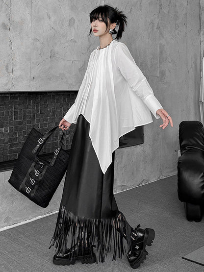 Hipster Irregularity Asymmetric Pleated Solid Color Round-Neck Blouses&Shirts Tops