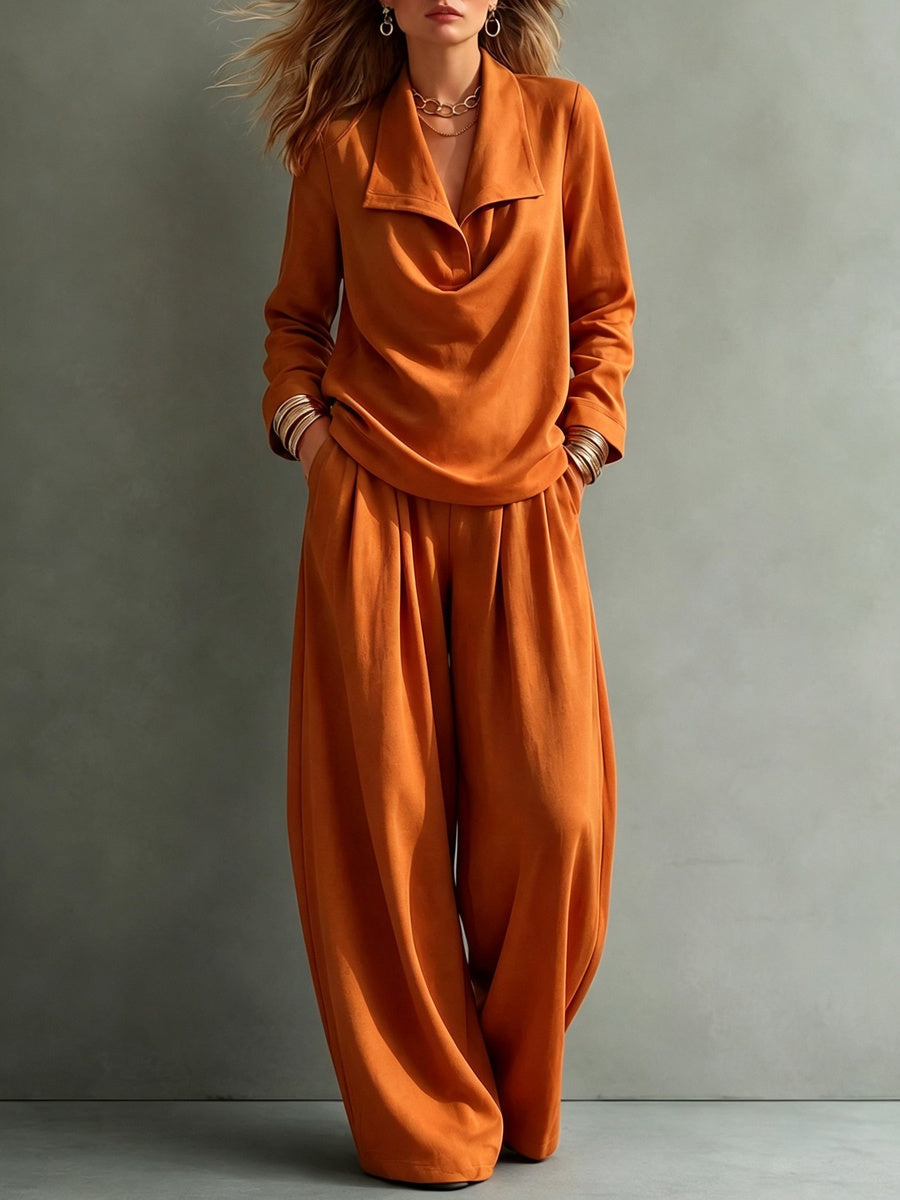 Solid Color Lapel Long Sleeves Blouses&shirts Tops + High Waisted Pleated Pockets Pants Trousers Two Pieces Set