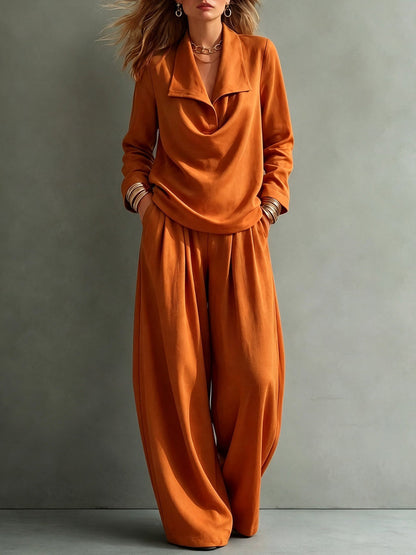 Solid Color Lapel Long Sleeves Blouses&shirts Tops + High Waisted Pleated Pockets Pants Trousers Two Pieces Set