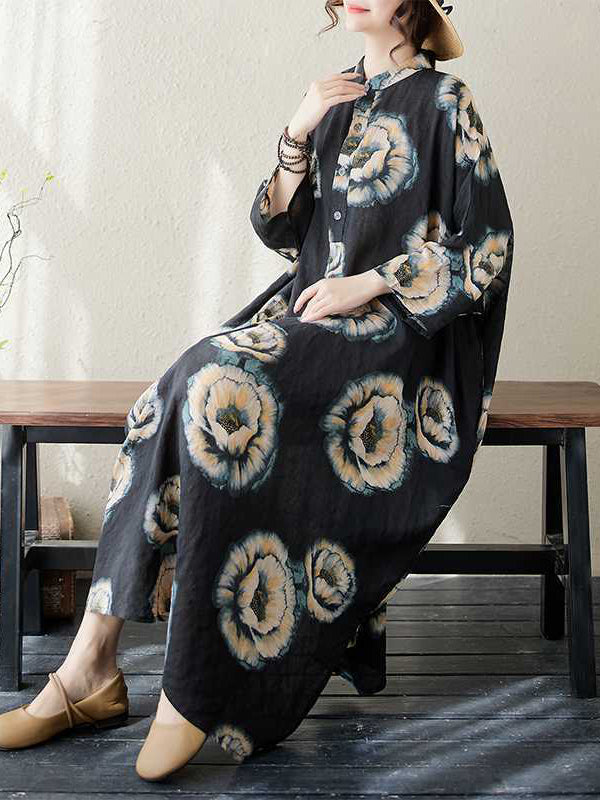 Robe mi-longue ample à manches trois-quarts et col montant, boutonnée et imprimée de fleurs 