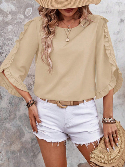 Loose Three-Quarter Sleeves Ruffle Trim Solid Color Round-Neck T-Shirts Tops