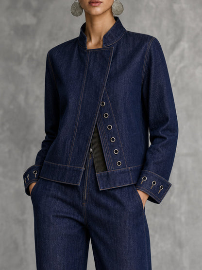 Solid Color Hollow Buttoned Long Sleeves Cropped Stand Collar Outerwear