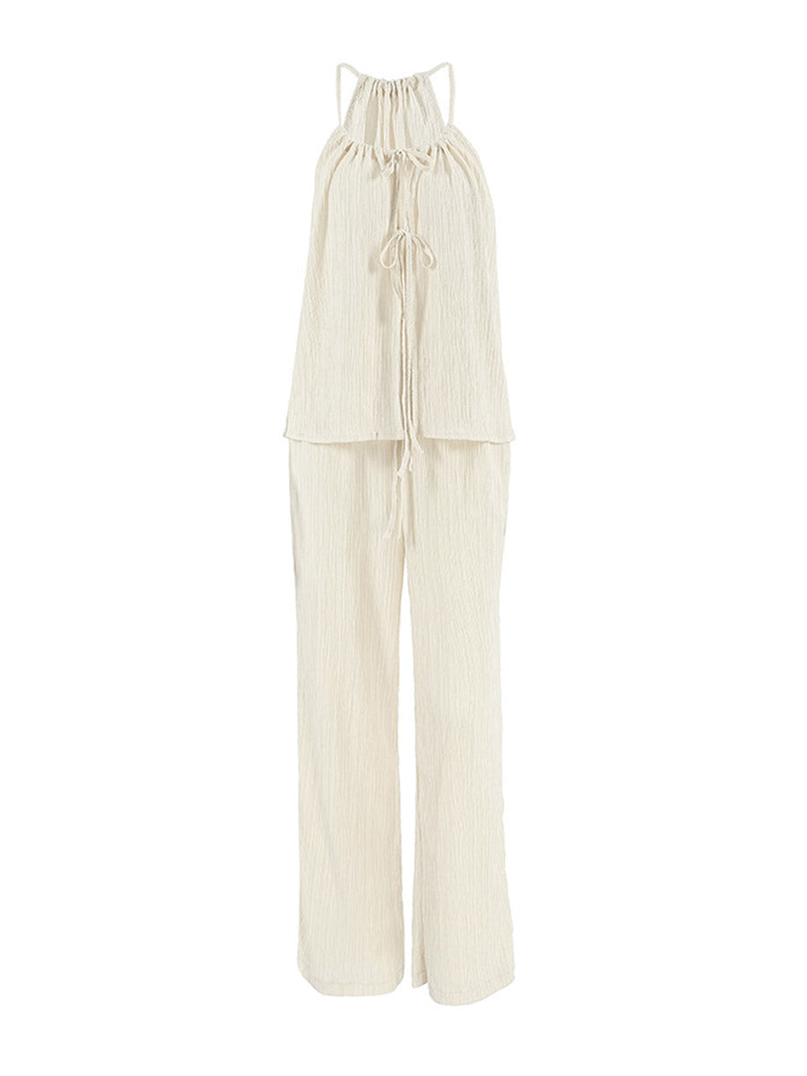 Solid Color Halter-Neck Cropped Pleated Split-Joint Tank Top + High Waisted Elasticity Tied Waist Pants Trousers Two Pieces Set