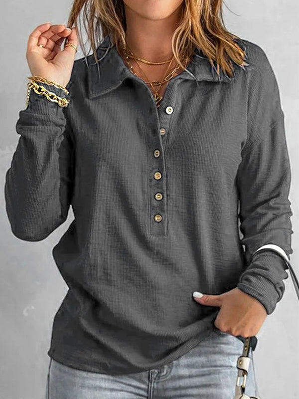 T-shirts amples à manches longues, boutonnés, couleur unie, à revers fendus 