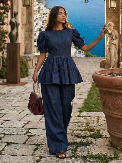 A-Line Loose Pleated Ruffled Solid Color Split-Joint Round-Neck Blouses&Shirts Tops