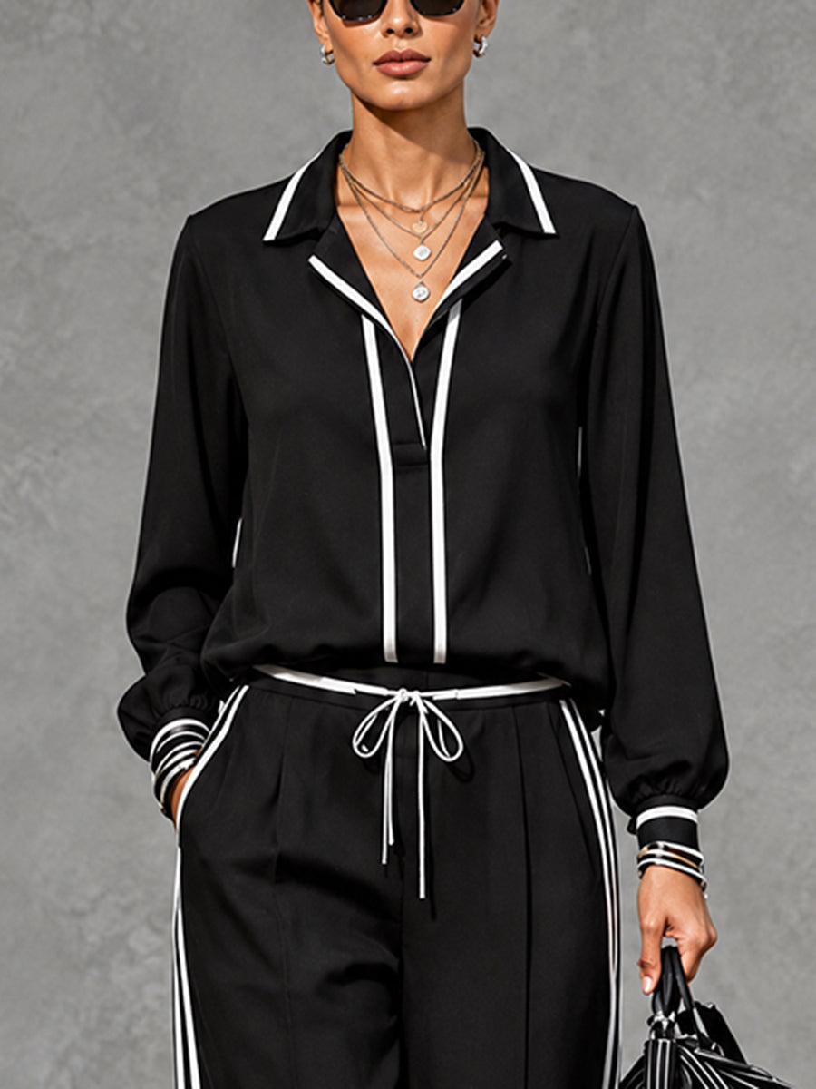 Striped Contrast Color Loose Long Sleeves Notched Collar Blouses&shirts Tops