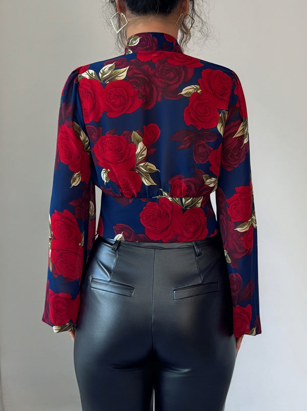 Long Sleeves Puff Sleeves Buttoned Flower Print Deep V-Neck Blouses&Shirts Tops