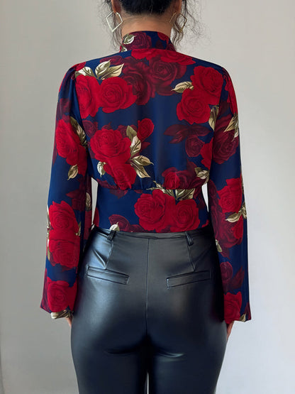 Long Sleeves Puff Sleeves Buttoned Flower Print Deep V-Neck Blouses&Shirts Tops