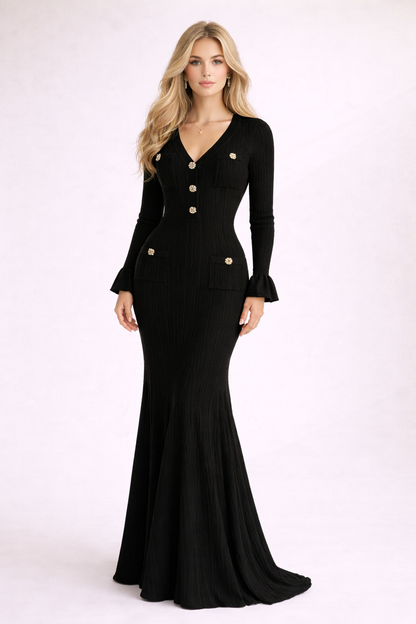 RIHANA Elegant Knit Button Maxi Dress BLACK