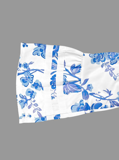 Flared Sleeves Loose Flower Print Split-Joint Split-side Deep V-Neck Midi Dresses