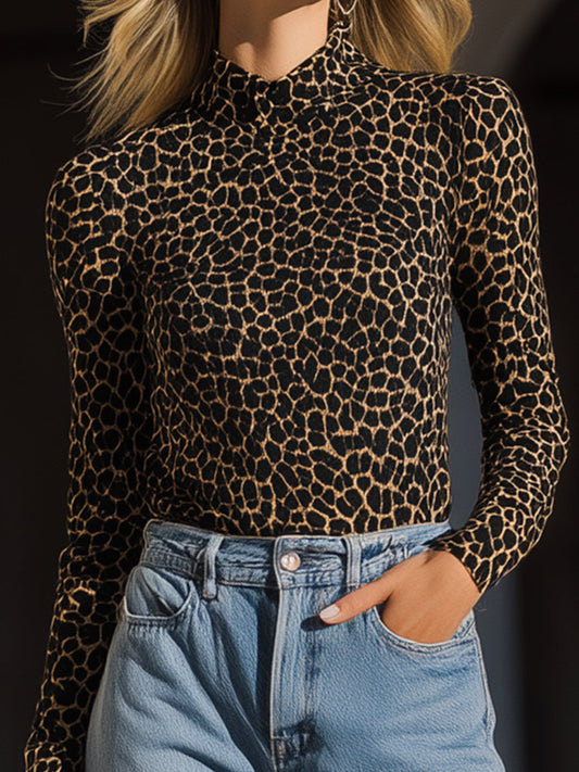 Long Sleeves Skinny Contrast Color Leopard Mock Neck T-Shirts Tops