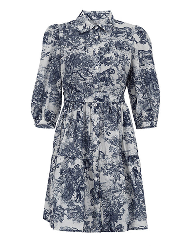 Loose Puff Sleeves Pleated Printed Split-Joint Tied Waist Lapel Mini Dresses Shirt Dress