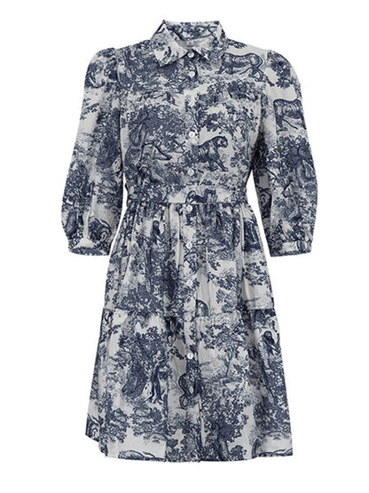 Loose Puff Sleeves Pleated Printed Split-Joint Tied Waist Lapel Mini Dresses Shirt Dress