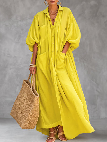 Solid Color Pockets Buttoned Puff Sleeves Half Sleeves Lapel Shirt Dress Maxi Dresses