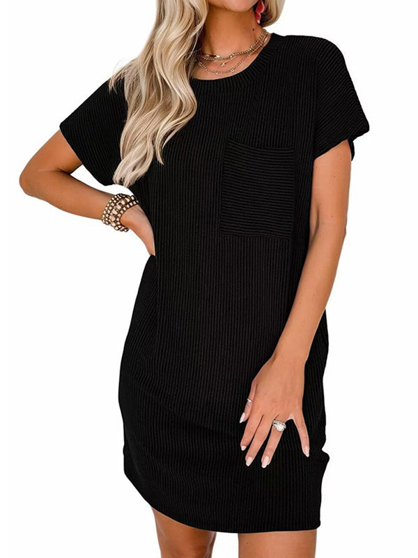 A-Line Loose Contrast Color Pockets Split-Joint Striped Round-Neck Mini Dresses