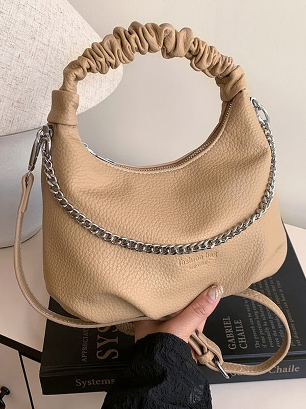 Chains Pleated Solid Color Zipper Crossbody Bags Handbags
