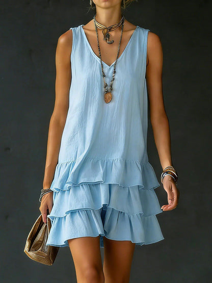 Loose Sleeveless Layered Solid Color V-Neck Mini Dresses