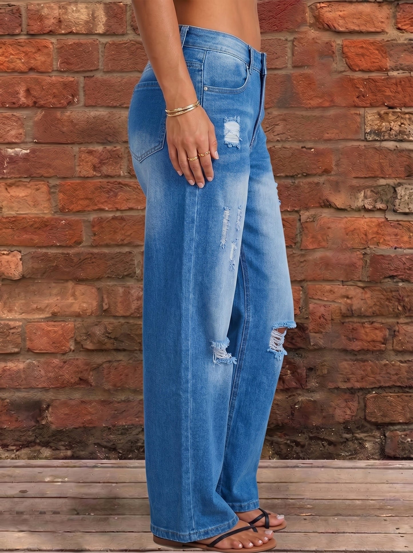 High Waisted Wide Leg Buttoned Hollow Pockets Split-Joint Jean Pants Bottoms
