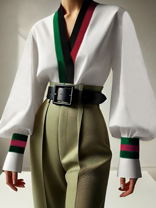 Lange Ärmel, lockere Kontrastfarbe, plissierte Blusen und Hemden mit V-Ausschnitt 