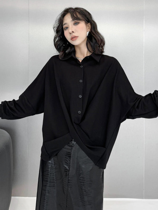 Hipster Irregularity Buttoned Solid Color Twist Lapel Collar Blouses&Shirts Tops