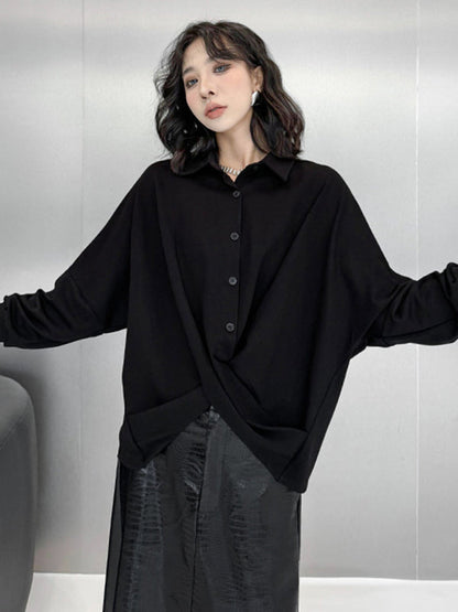 Hipster Irregularity Buttoned Solid Color Twist Lapel Collar Blouses&Shirts Tops